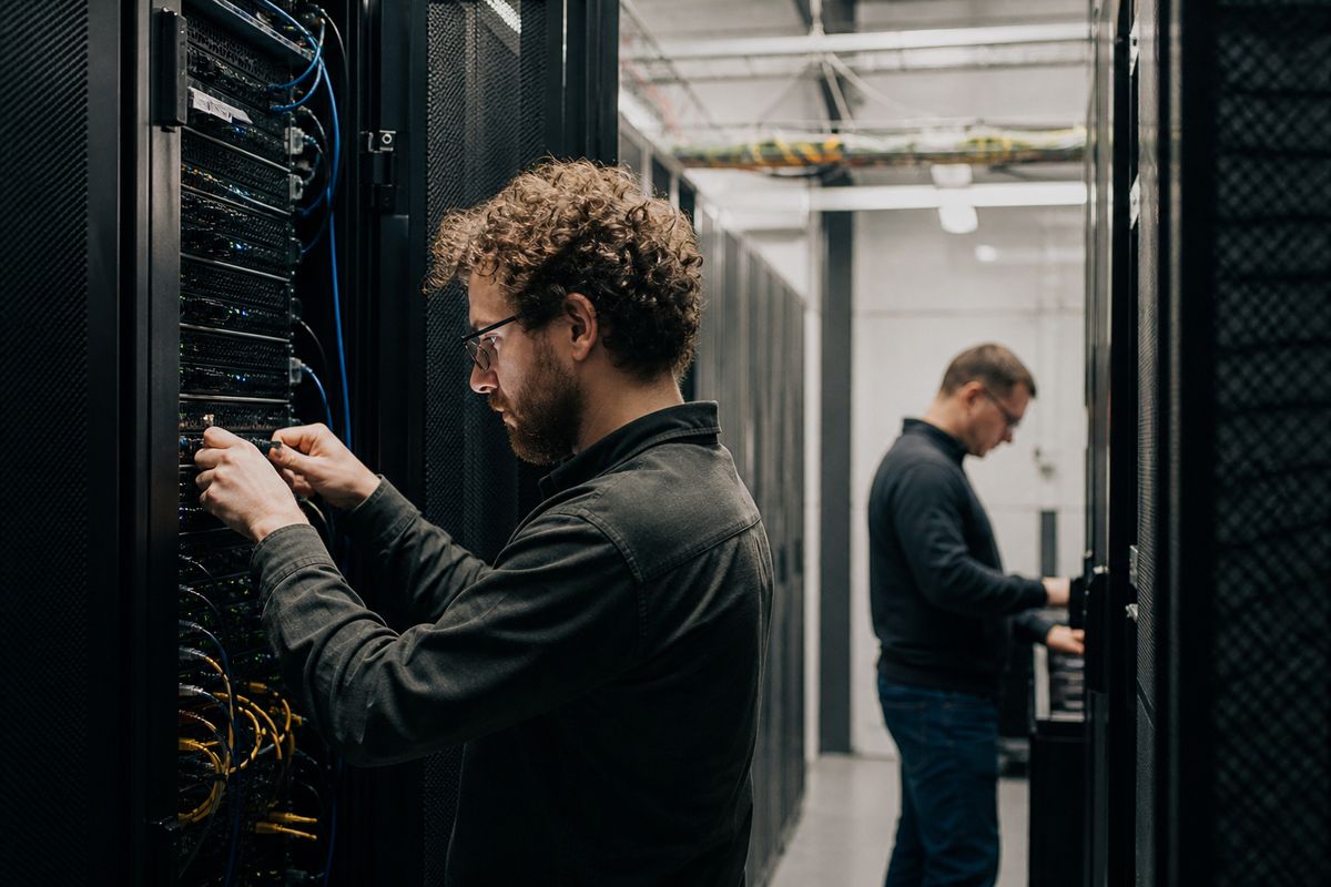 Engineers working on large-scale computing hardware in a UK data center
