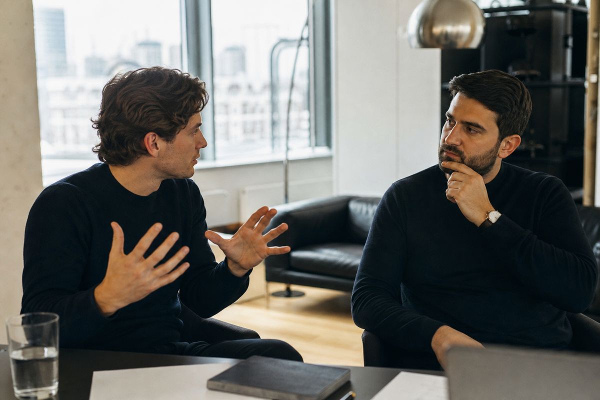 Two entrepreneurs discussing AI projects in a London office