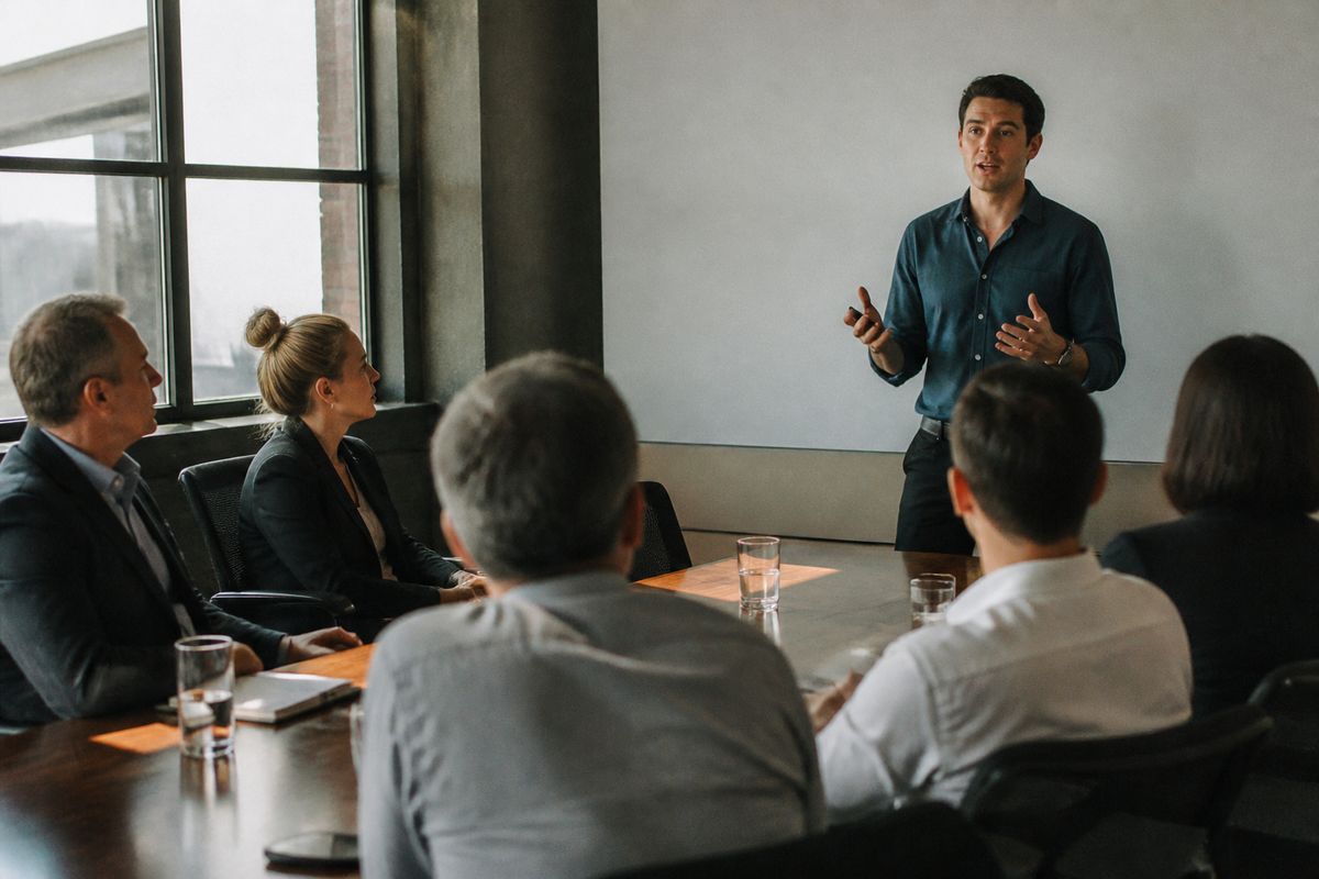 A startup founder pitching to investors in a conference room