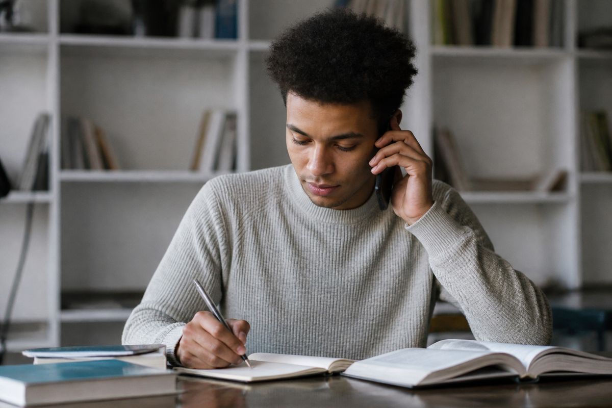 A student making a phone call while taking notes at a desk