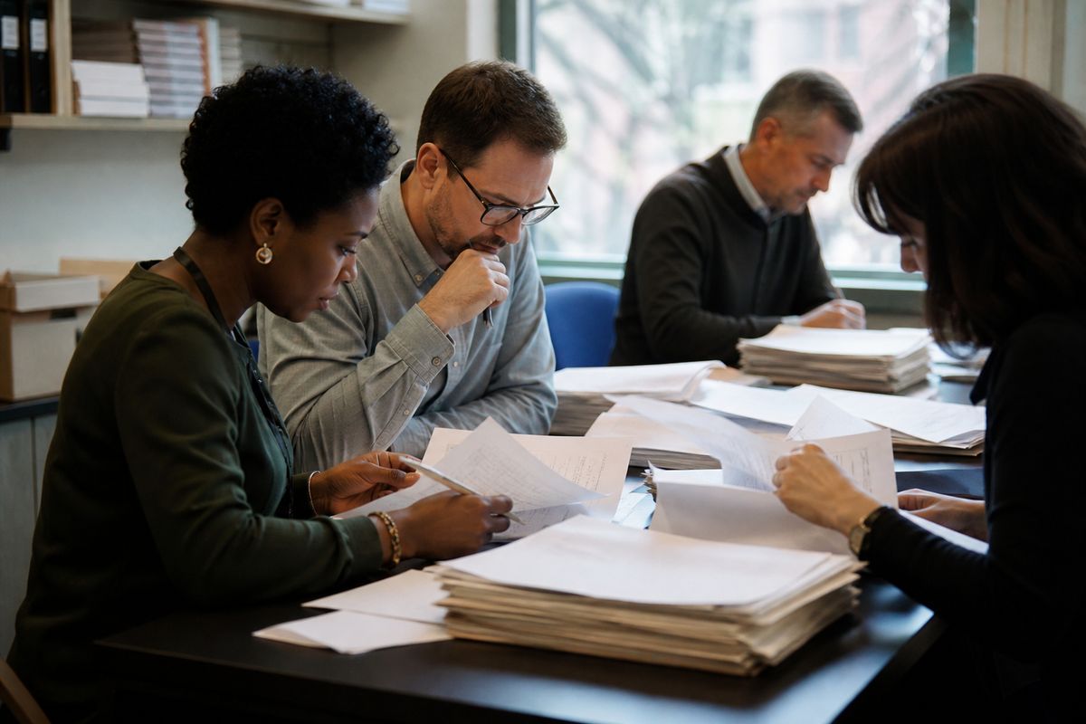 University admissions officers reviewing applications in an office.