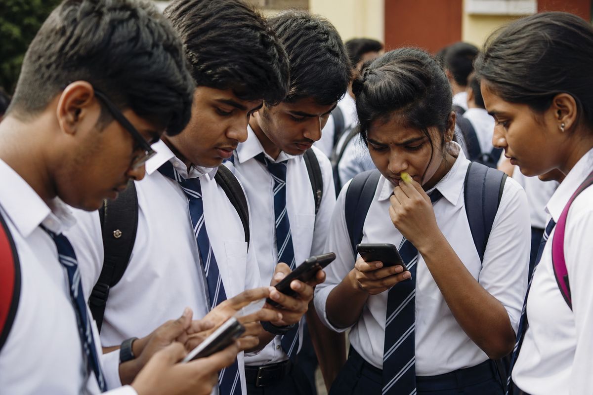 Students anxiously checking results on their phones outside school