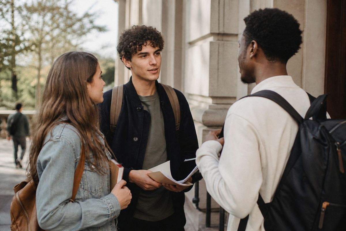 Students discussing university options outside a campus building