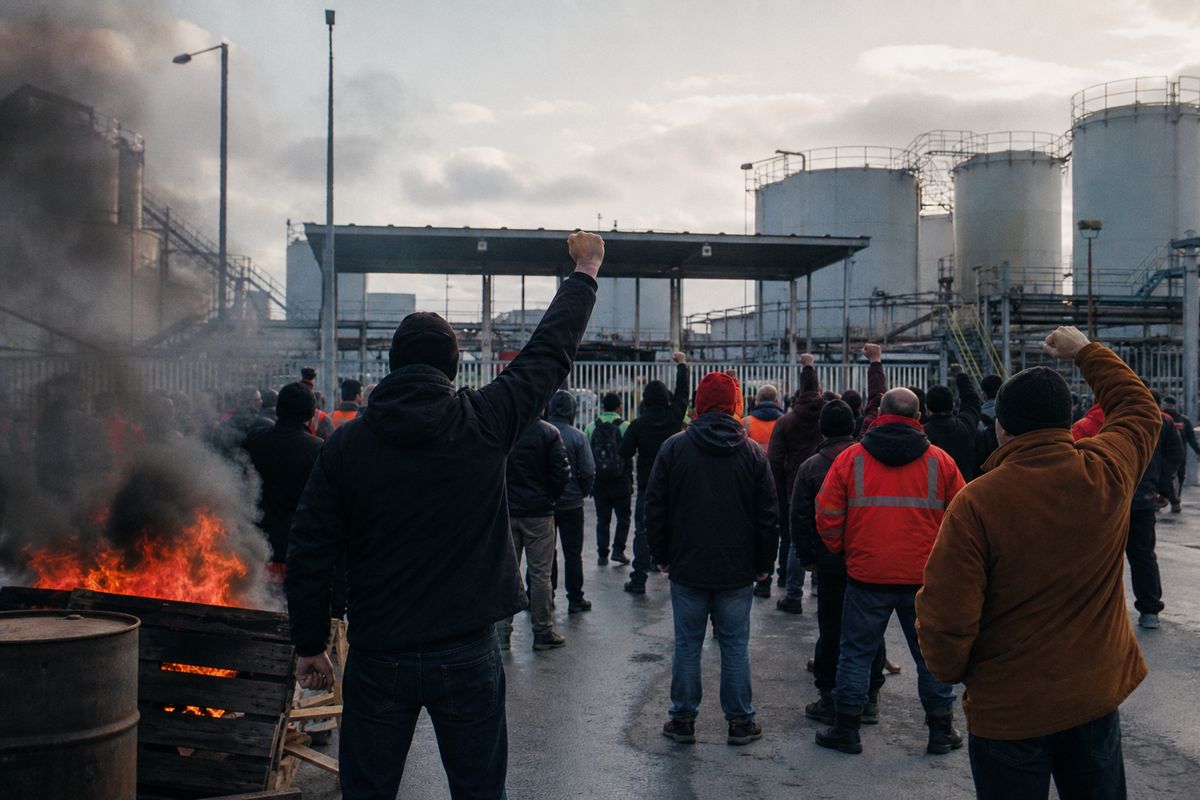 Protesters blocking a fuel depot during a strike