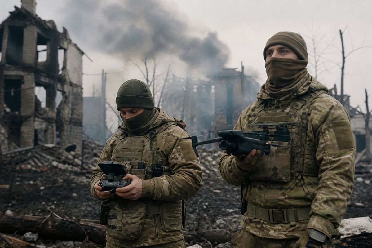 Soldiers operating drones amid a smoky battlefield in Ukraine