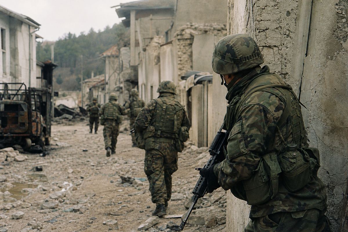 Soldiers advancing cautiously through a war-torn village street