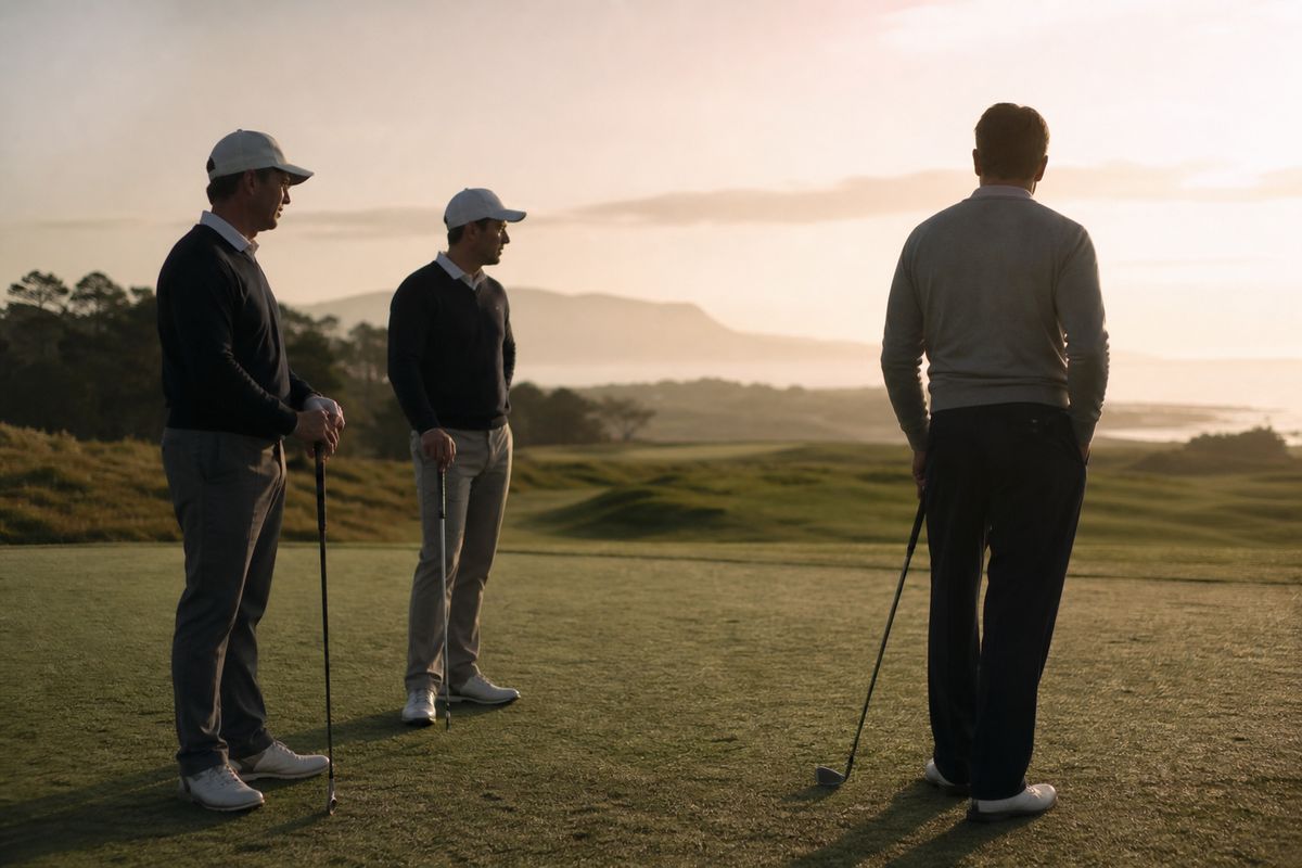 Golfers preparing for a foursomes match at dawn