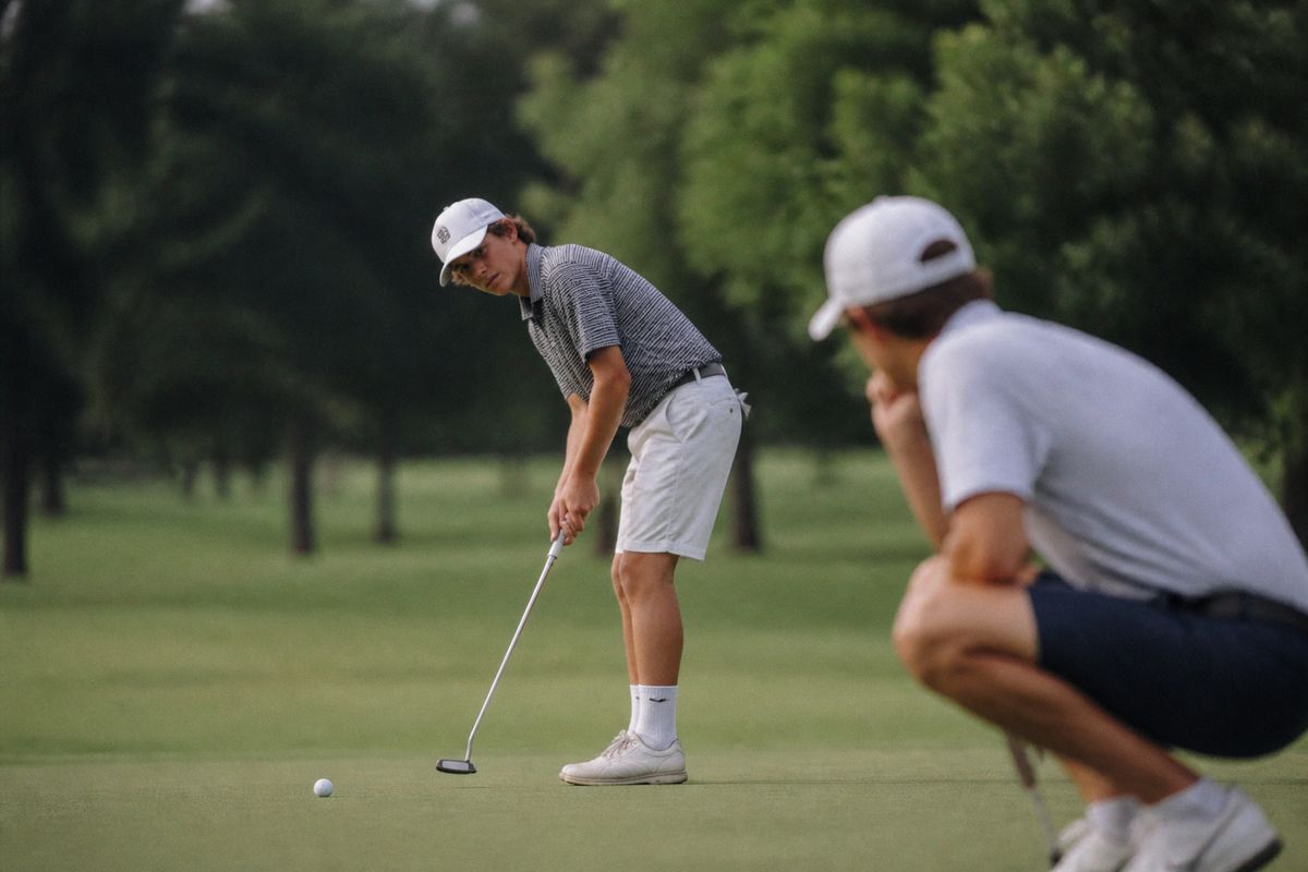 Young golfers competing intensely on a lush golf course.