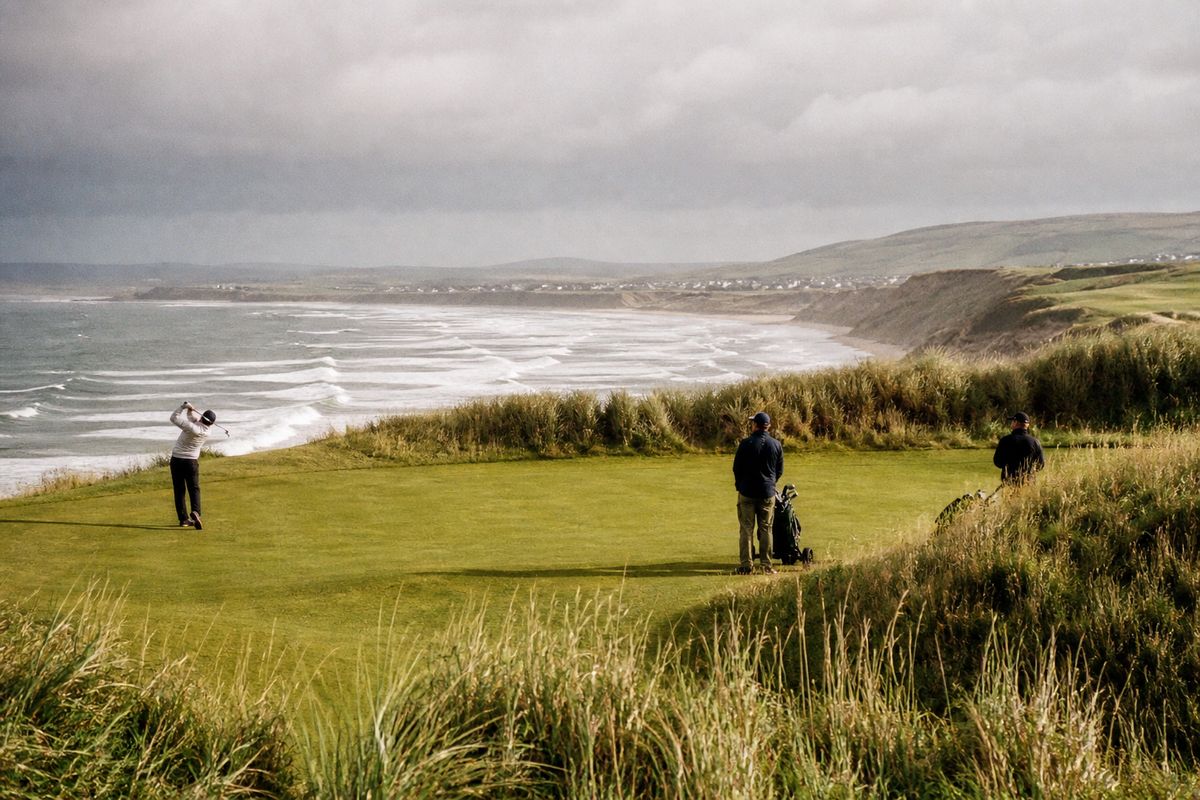Golfers navigating a windy, rugged links course at Lahinch