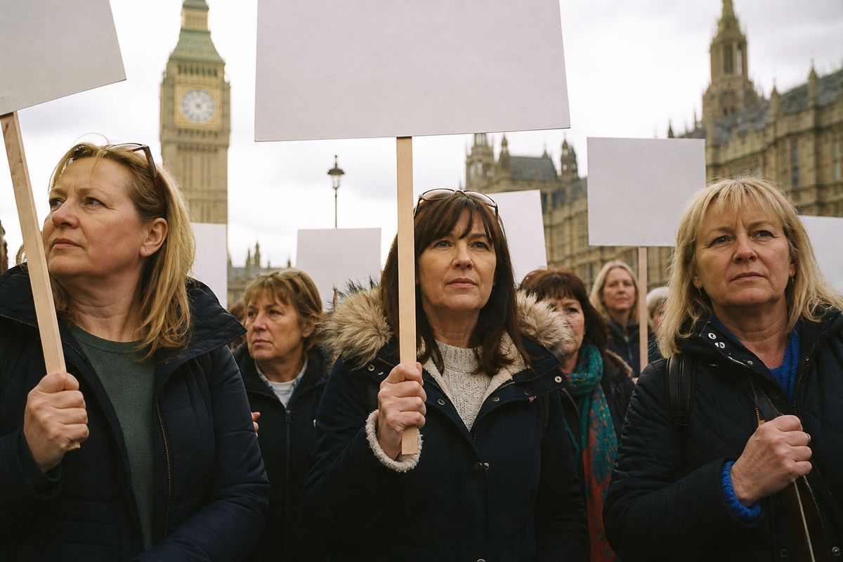 A group of middle-aged women holding protest signs outside Parliament.
