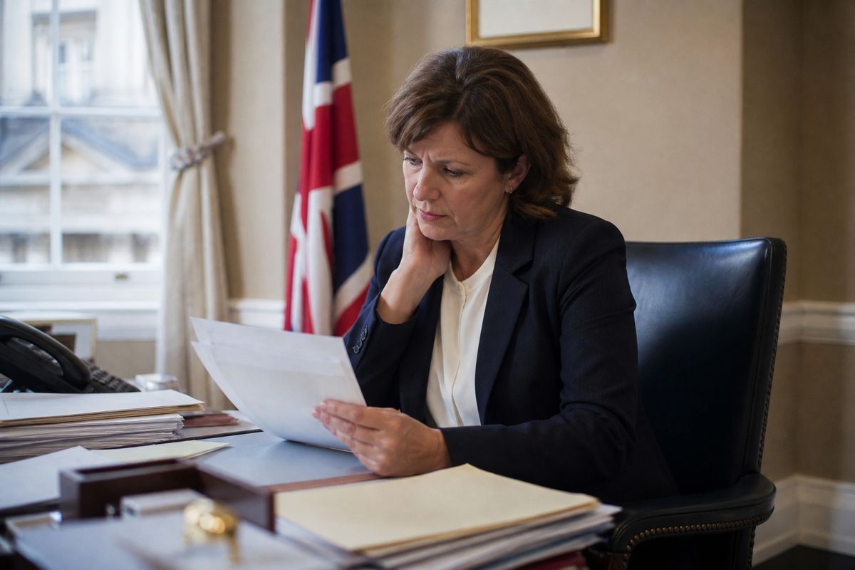 An MP reading constituent letters in a parliamentary office