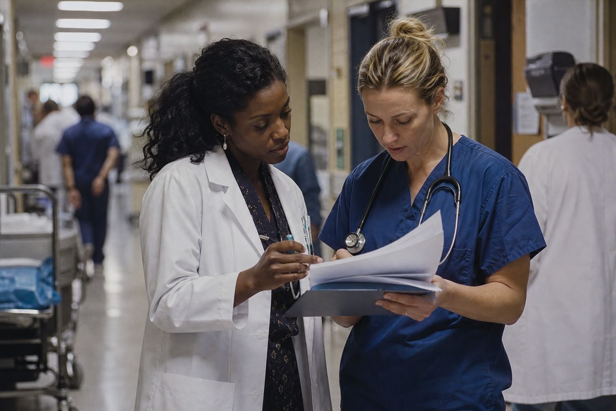 Healthcare workers discussing patient files in a busy hospital corridor
