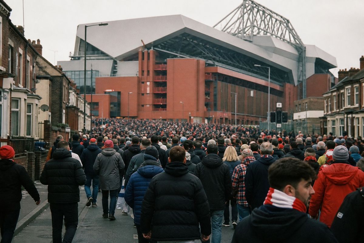 Fans streaming into Anfield stadium before a Liverpool match