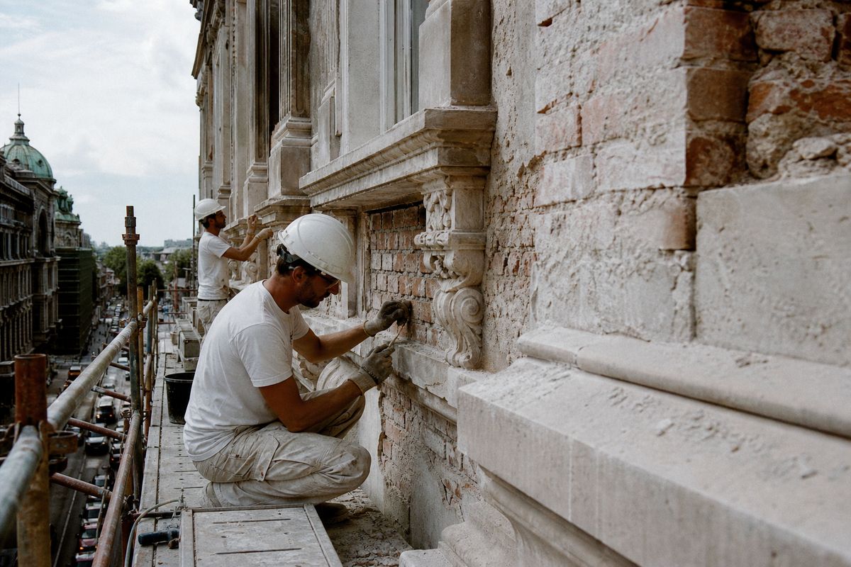 Construction workers renovating a historic city building facade