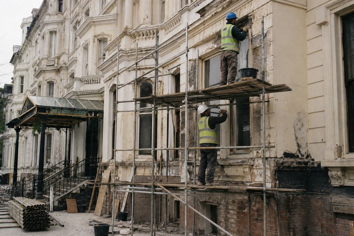 Construction workers renovating a Merseyside hotel exterior
