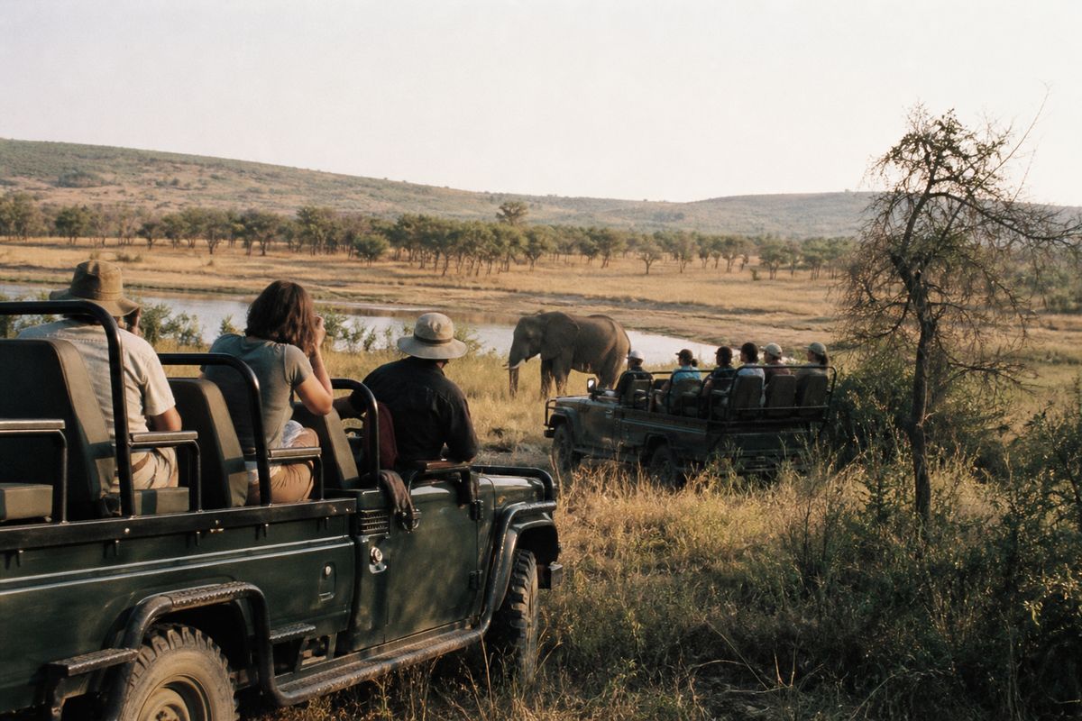 Tourists on safari vehicles spotting wildlife in South Africa