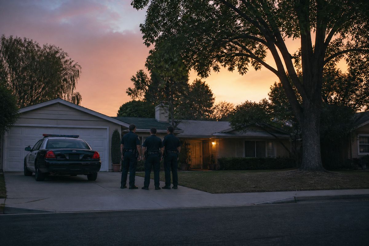 Police officers outside a suburban house at dusk