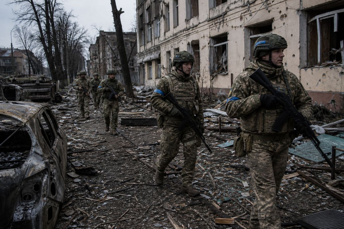 Soldiers patrolling a tense urban frontline in Ukraine