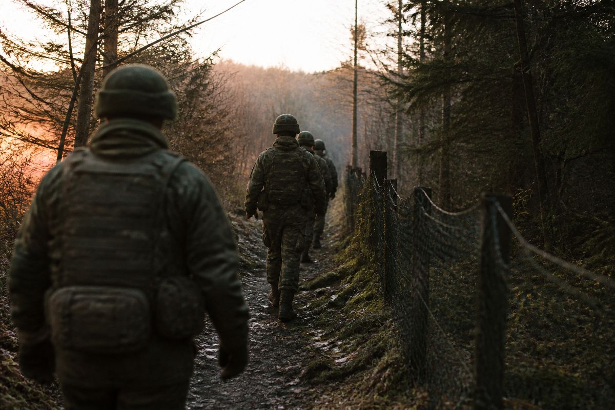 NATO troops patrolling a forested border area at dawn