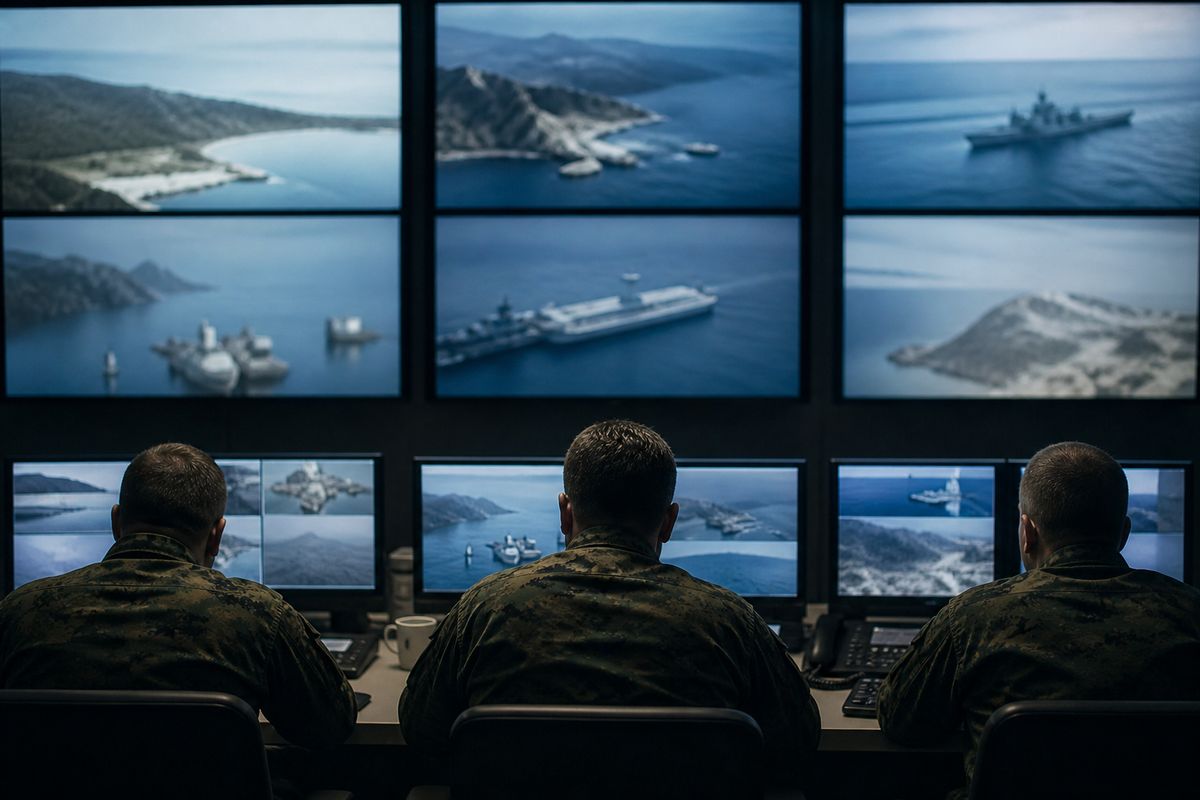 Military officials monitoring multiple screens in a dim command center
