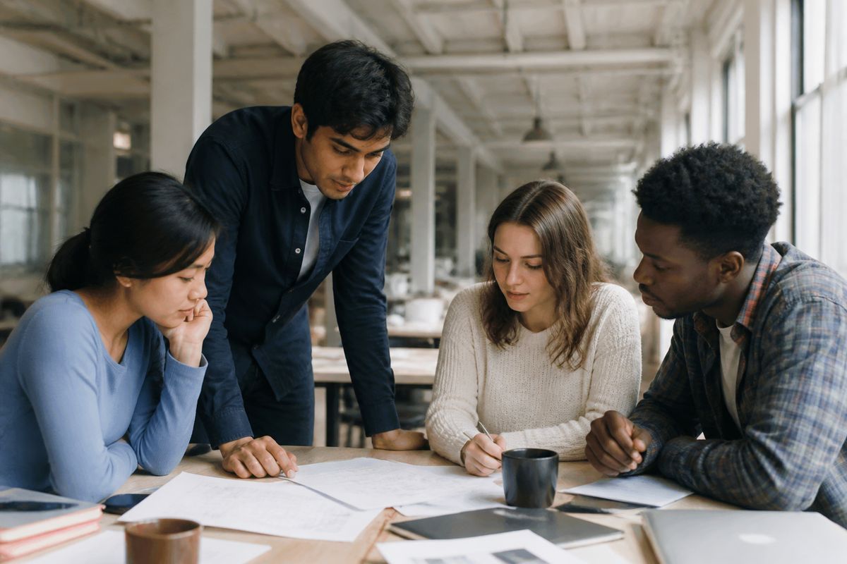 Young interns collaborating on a project in a modern office.