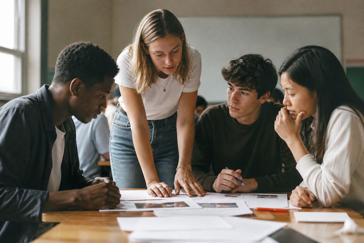 Young adults collaborating on a business project in a classroom
